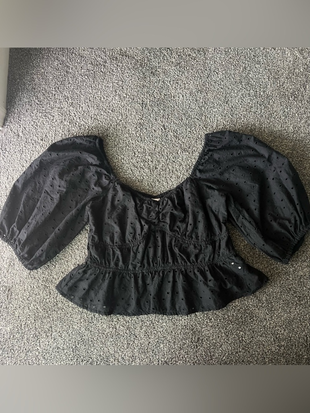 a new day Black Eyelet Peplum Top with Puff Sleeves